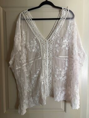 White Lace with Crochet Bathing Suit Cover-Up OS